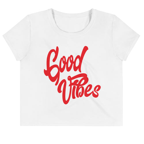 'Good Vibes' all-over print crop tee, White, front view