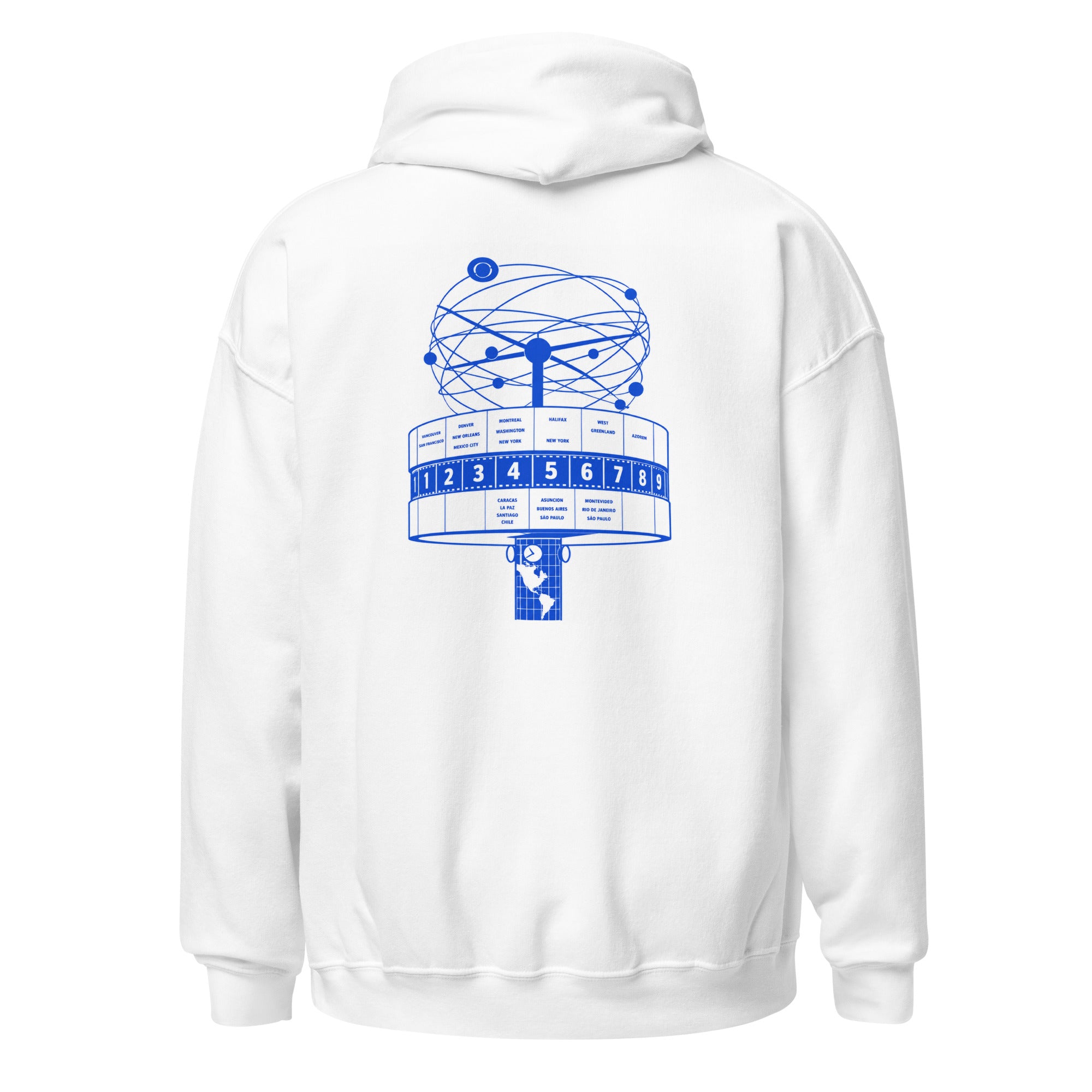 Berlin Alexanderplatz hoodie with World Clock (Weltzeituhr) print, White, back view