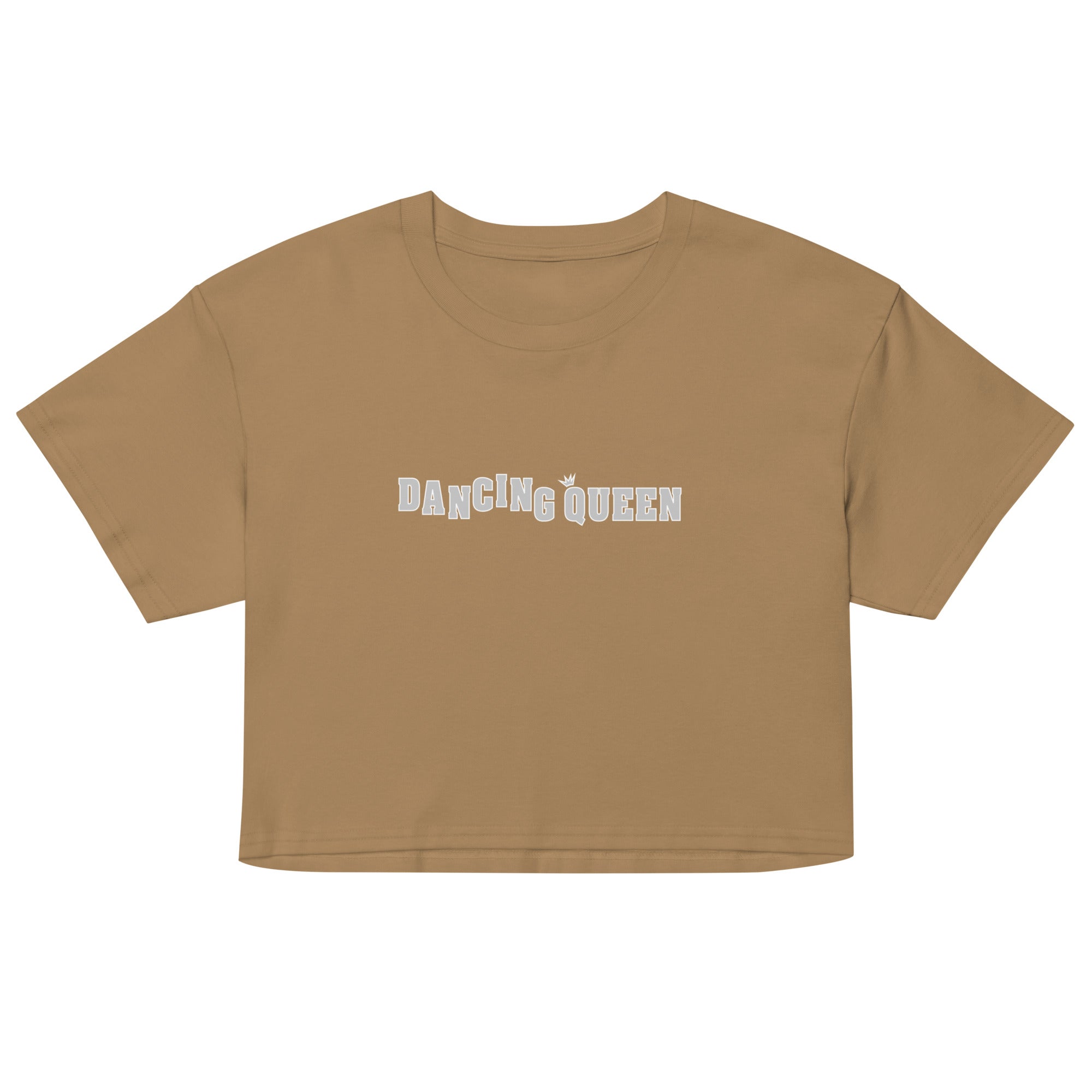 Dancing Queen Crop Top mit Schriftzug, Camel, Vorderansicht