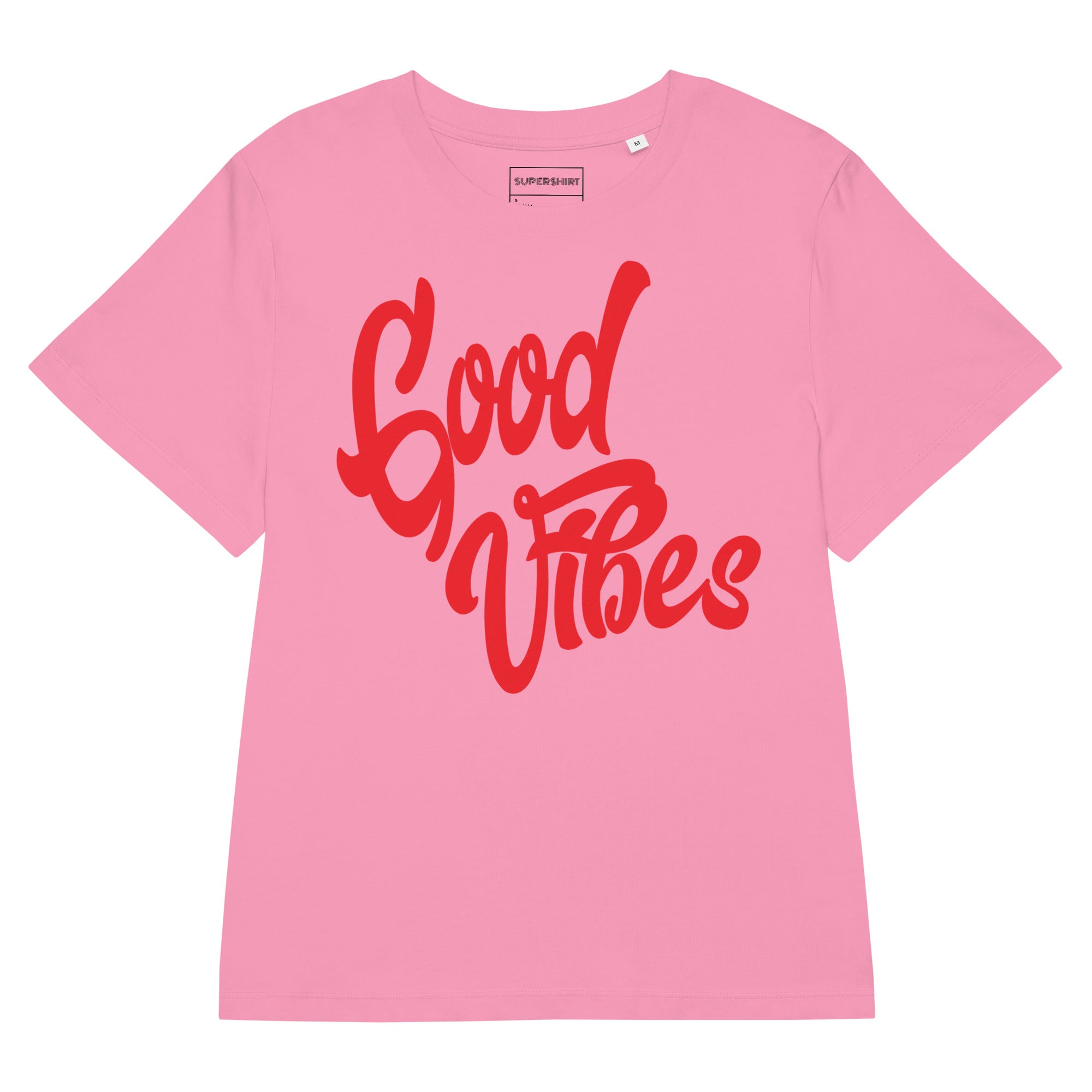 Good Vibes T-Shirt mit Rippbund-Ausschnitt, Bubble Pink, Vorderansicht
