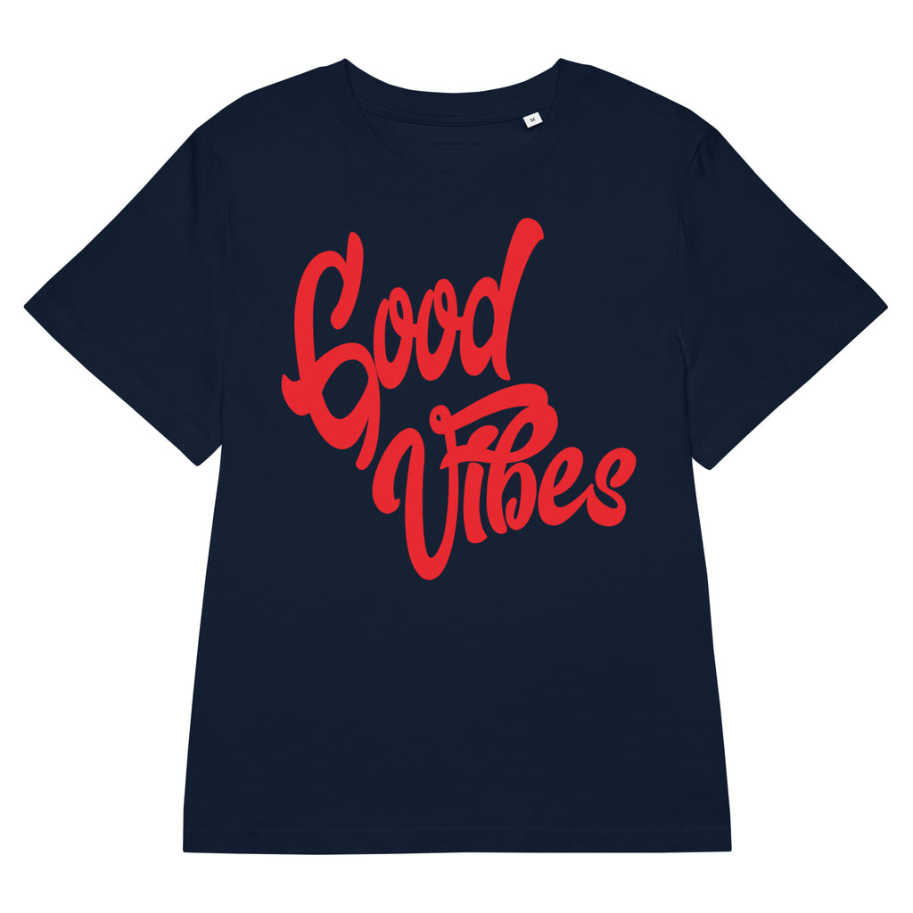 Good Vibes T-Shirt mit Rippbund-Ausschnitt, Marineblau, Vorderansicht