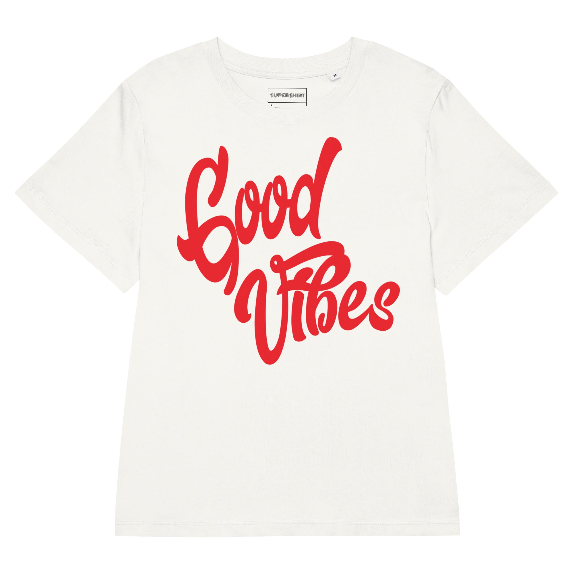 Good Vibes T-Shirt mit Rippbund-Ausschnitt, Off White, Vorderansicht